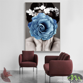 File tranh nghệ thuật chân dung thiếu nữ và hoa hồng xanh - HG112