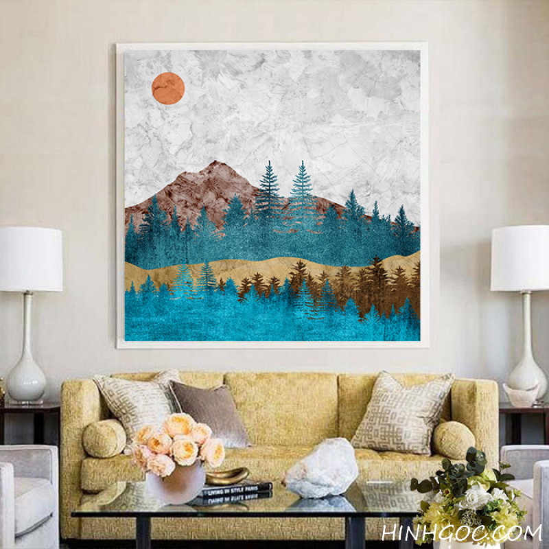 FIle tranh sơn dầu phong cảnh núi rừng hoàng hôn - HG1058