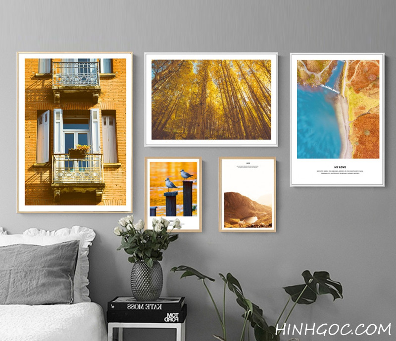File tranh bộ 5 bức kết hợp phong cảnh tông vàng - HG507