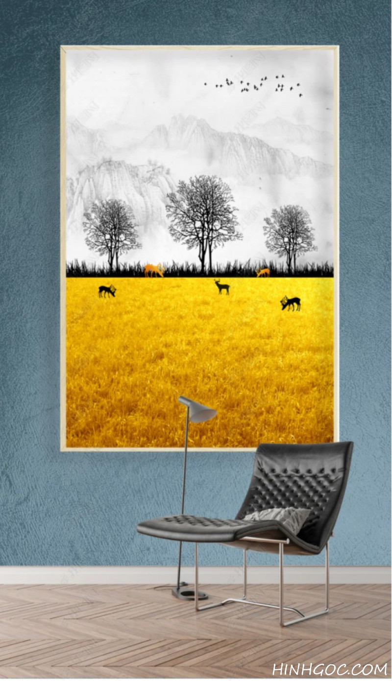 File tranh phong cảnh hươu nai trên đồng cỏ vàng - HG154