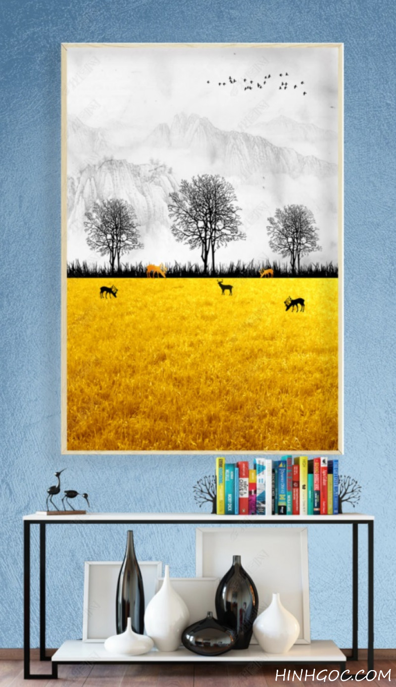 File tranh phong cảnh hươu nai trên đồng cỏ vàng - HG154