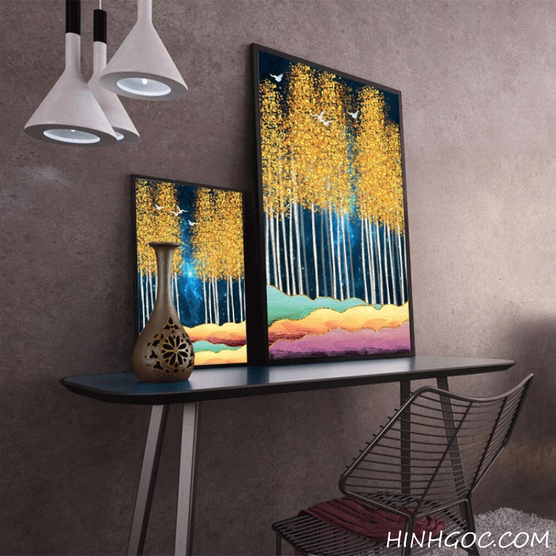 File tranh sơn dầu phong cảnh rừng cây lá vàng - HG3026