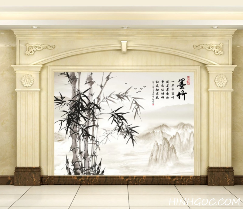 File tranh tường vẽ tay phong cảnh tre và núi đồi phong cách thư pháp - HG171