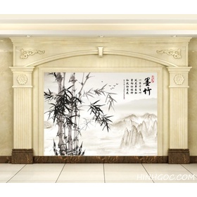 File tranh tường vẽ tay phong cảnh tre và núi đồi phong cách thư pháp - HG171