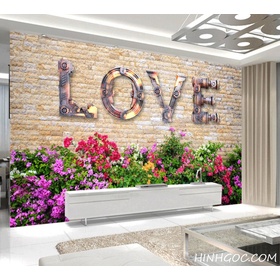 File tranh tường gạch LOVE và hoa giấy - DT003