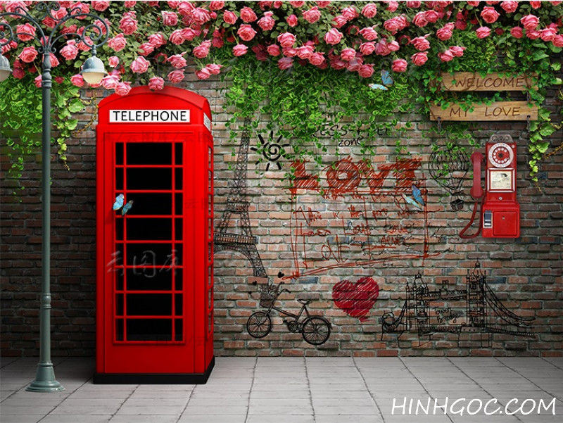 File tranh nền tường gạch hoa hồng leo hộp điện thoại đỏ London - DT015