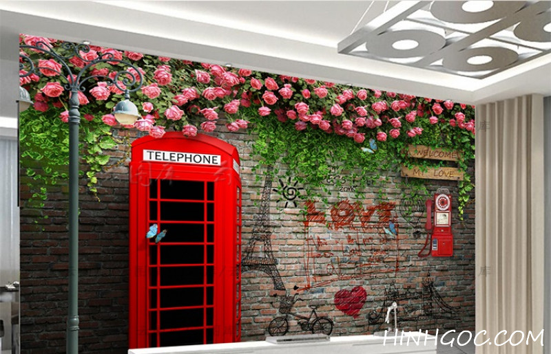 File tranh nền tường gạch hoa hồng leo hộp điện thoại đỏ London - DT015