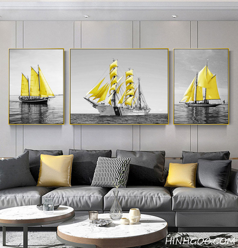 File tranh Bắc Âu thuyền buồm vàng nền biển đen trắng - TH0002