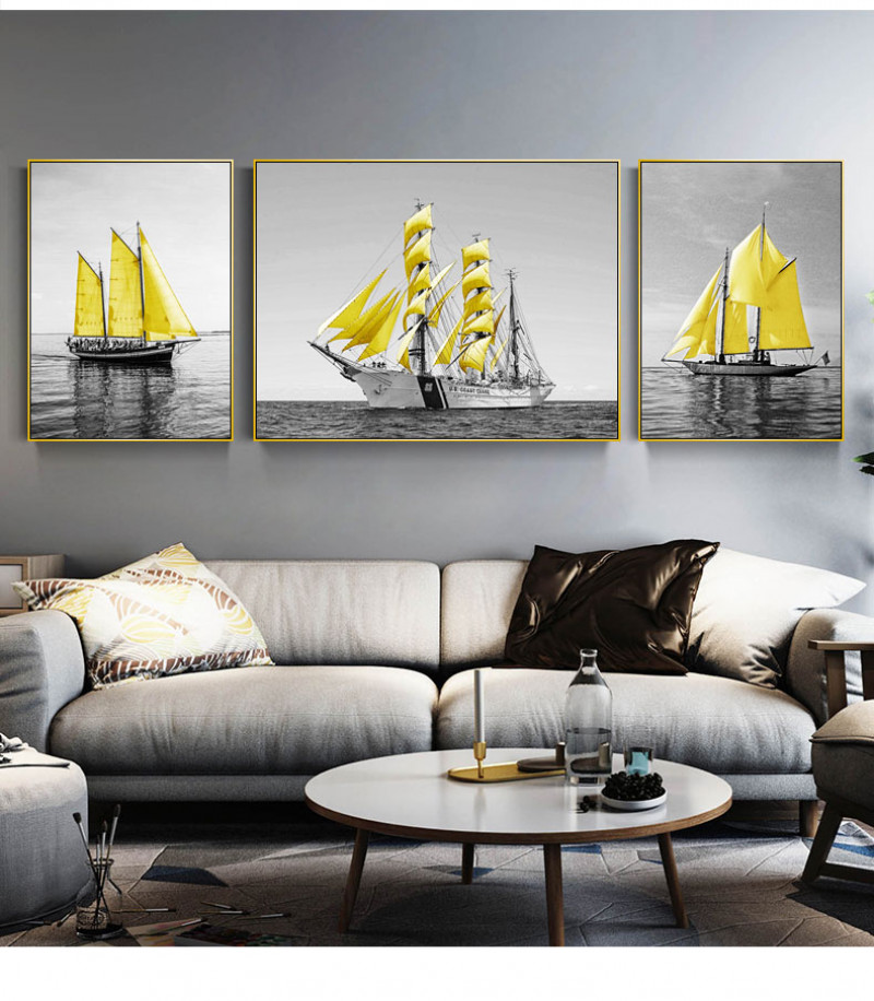File tranh Bắc Âu thuyền buồm vàng nền biển đen trắng - TH0002